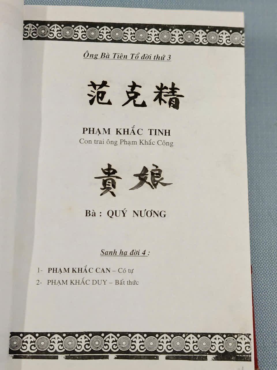 Đời thứ ba — 范克精 Phạm Khắc Tinh, sinh hạ Phạm Khắc Can và Phạm Khắc Duy
